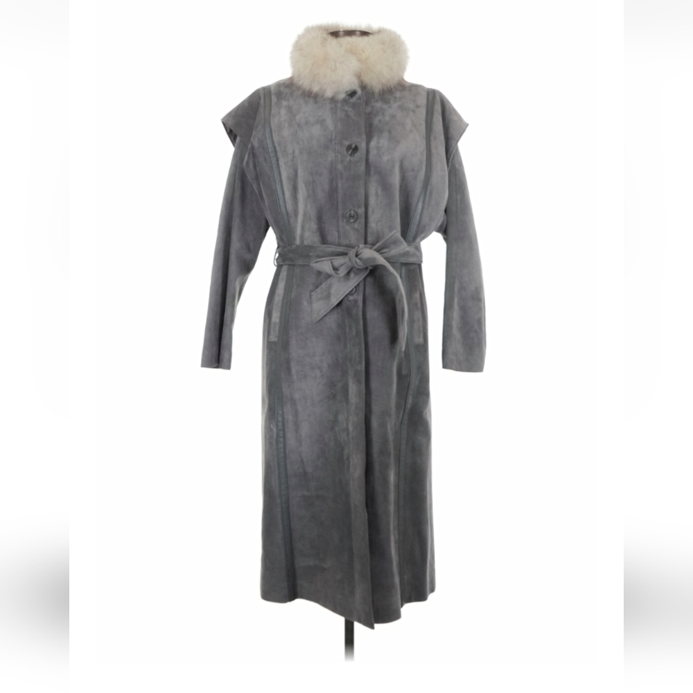 Chic Gray Trench Coat with Fur Collar